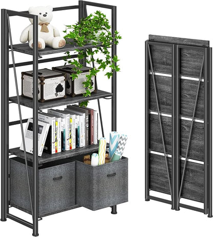 4NM No Assembly Folding Bookshelf Storage Shelves 4 Tiers Vintage Bookcase by 4NM