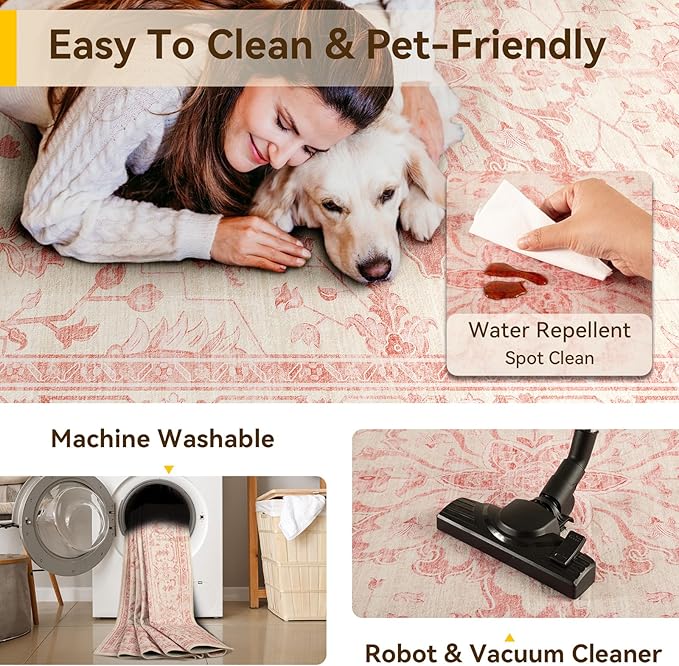 RELEANY Area Rugs 8'x10' Washable Non-Slip, Floral Vintage Distress Print - Image 5