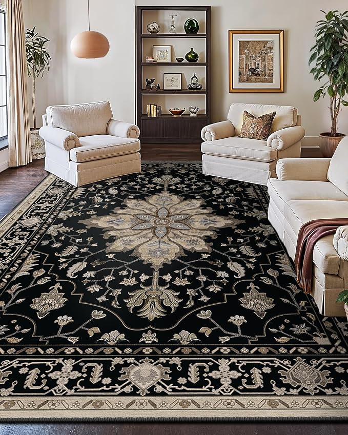 RELEANY Area Rugs 10'x14' Washable Non-Slip, Floral Vintage Distress Print by RELEANY