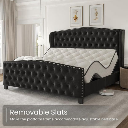 LARMACE King Size Bed Frame Velvet Upholstered Platform Bed - Image 9