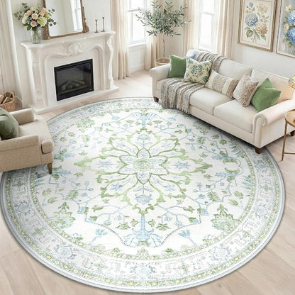 RELEANY Area Rugs Round 8ft Washable Non-Slip, Floral Vintage Distress Print by RELEANY