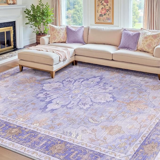 RELEANY Area Rugs 8'x10' Washable Non-Slip, Floral Vintage Distress Print by RELEANY