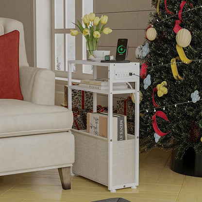 Leomonio White Side Table with Charging Station, Slim End Tables with Linen - Image 4
