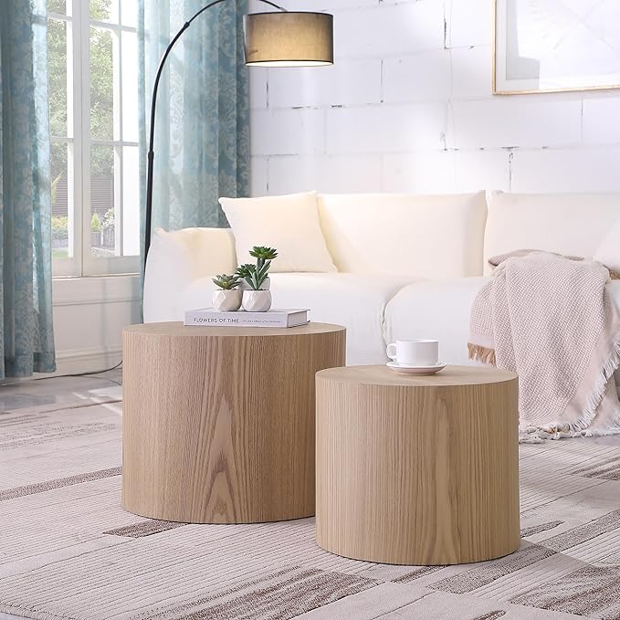 Small Round Coffee Table Nesting End Table Set of 2, Wood Side Circle Accent by HanStrong