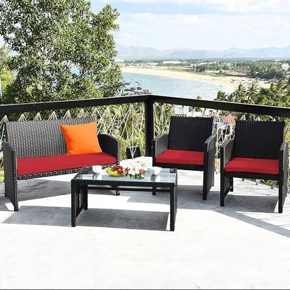 Tangkula Patio Wicker Conversation Furniture Set, Patiojoy Sofa & Table Set w/4 - Image 2