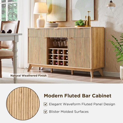 OKD Fluted Wine Bar Cabinet, 3 Drawers, 4 Glass Holders & 12 Wine Racks - Image 7