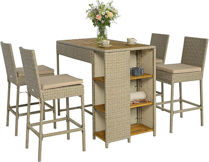 Outsunny 5 Piece Outdoor Bar Set, Wicker Outdoor High Top Table and Chairs by Outsunny
