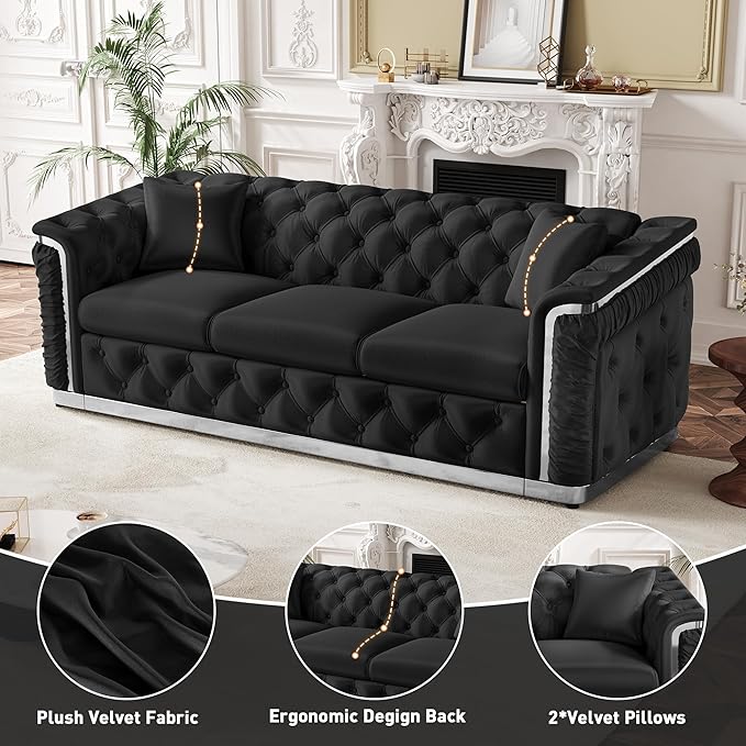 84.6" Luxury Chesterfield Sofa Velvet Tufted Sofa Black and Silver Couch - Image 7