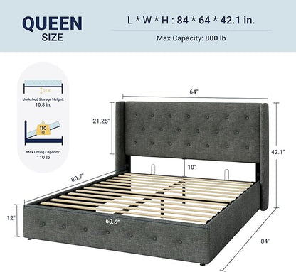 Allewie Queen Size Lift Up Storage Bed, Button Tufted Headboard - Image 2