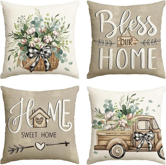 AVOIN Colorlife Bless Our Home Farmhouse Eucalyptus Leaves Throw Pillow Covers by AVOINcolorlife