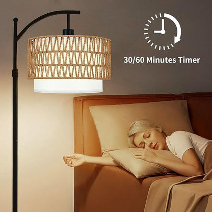 ZECOXOL Arc Floor Lamp with Table and Shelves, Rattan Boho Floor Lamp with - Image 5