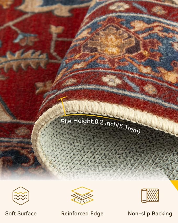 RELEANY Area Rugs Round 5ft Washable Non-Slip, Floral Vintage Distress Print - Image 3