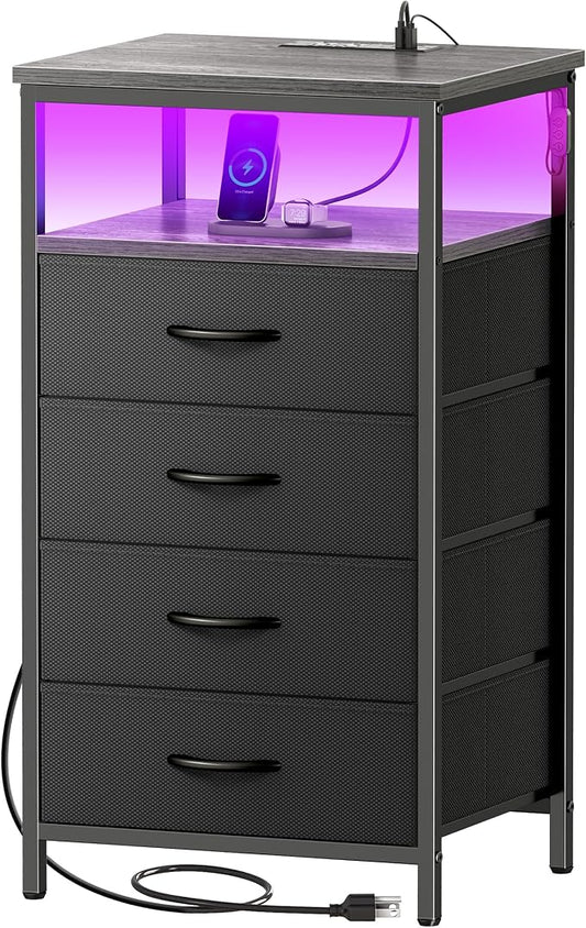Huuger Night Stand with Charger Station and LED Lights, 4 Drawer Nightstand by Huuger