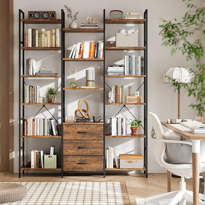 AFLUI Triple Bookshelf with 3 Fabric Drawers, 6-Tier Book Shelf and 10 Display - Image 8