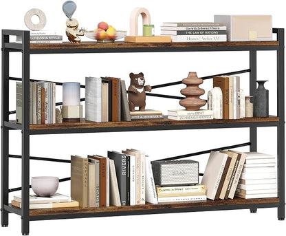 3 Tier Bookcase 47.24" Width, Long Industrial Book Shelf, Vintage Wooden Large by Homeiju