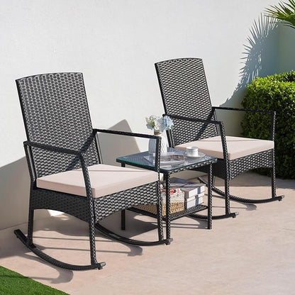 Greesum 3 Pieces Patio Furniture Set Outdoor Wicker Rocking Chairs - Image 3