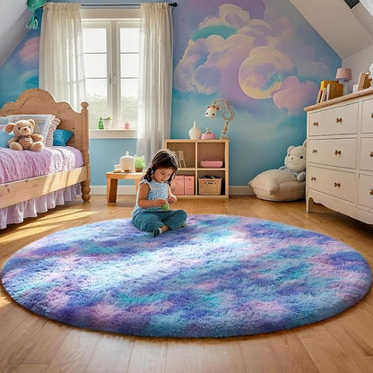 Ophanie Round Rugs 5Ft Tie-Dye Rainbow Purple Area Rug, Aesthetic Room Decor - Image 2