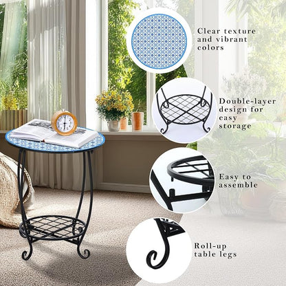 Cinnvoice Outdoor Side Table Round Small Mosaic Patio Accent Indoor End Plant - Image 4