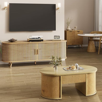 55 inch TV Stand with Power Outlet, Fluted Entertainment Center - Image 7
