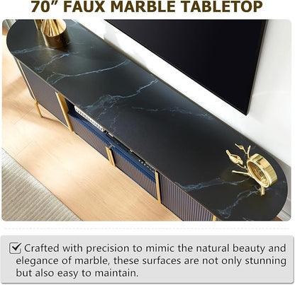 OKD 70" Fluted TV Stand with Storage, Faux Marble Top Entertainment Center - Image 3