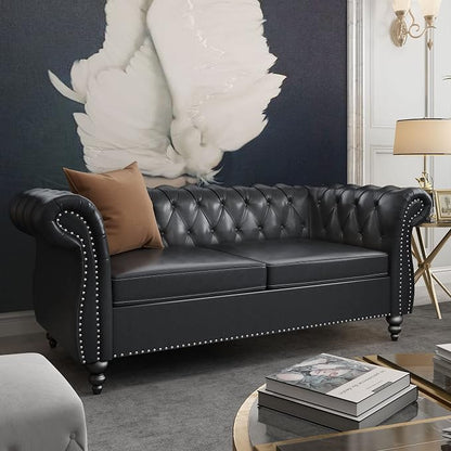 2 Piece Living Room Set, Chesterfield Leather Sofa Couch Chair - Image 4