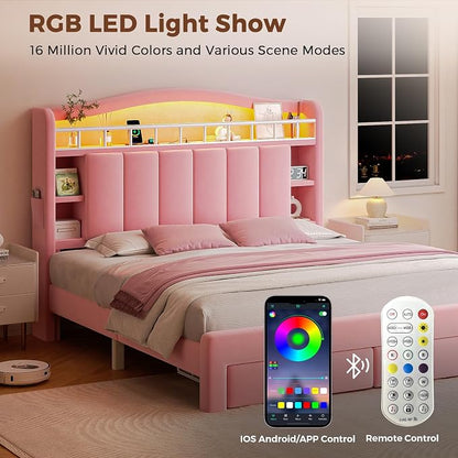 Full LED Bed Frame with Storage Headboard & 2 Storage Drawers, Princess Velvet - Image 8