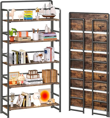4NM No Assembly Extra Wide 5 Tiers Folding Bookshelf Storage Shelves Vintage by 4NM