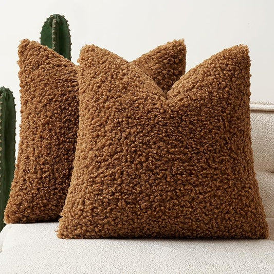 Faux Fur Throw Pillow Covers 20x20 Inch Set of 2 Boucle Neutral Decorative by Woaboy