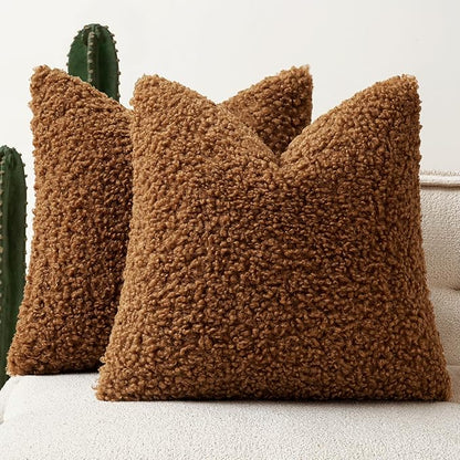 Faux Fur Throw Pillow Covers 24x24 Inch Set of 2 Boucle Neutral Decorative by Woaboy