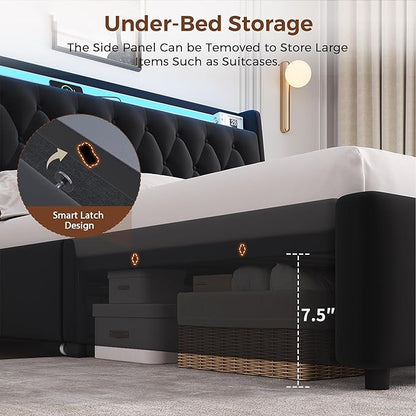 Full LED Velvet Bed Frame with 2 Storage Drawers&Hidden Headboard, Upholstered - Image 4