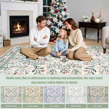 Round Area Rug for Living Room: 6 ft Floral Washable Circle Rug Soft Non-Slip - Image 9