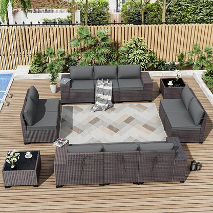 ALAULM 12 Pieces Outdoor Patio Furniture Set Sectional Sofa Sets Brown PE by ALAULM