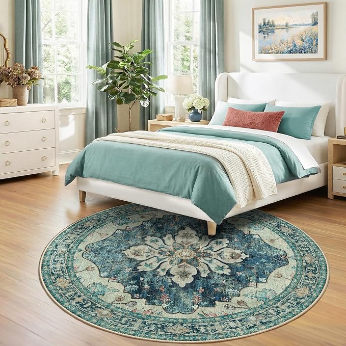 RELEANY Area Rugs Round 7ft Washable Non-Slip, Floral Vintage Distress Print - Image 2