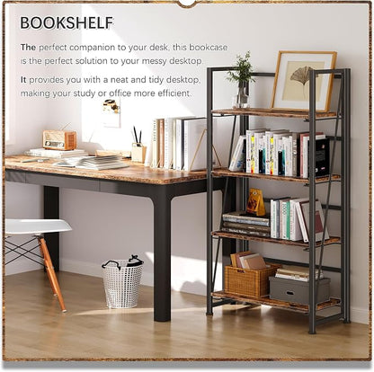 4NM No Assembly Folding Bookshelf Storage Shelves 4 Tiers Vintage Bookcase - Image 4