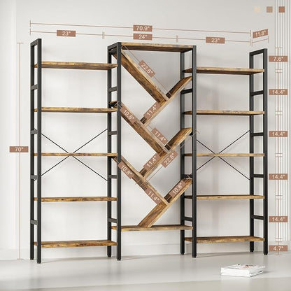 INNOD 70x70 Triple 5 Tier Book Shelf, Large Wooden Bookcase - Image 2