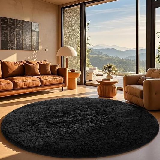 Ophanie Round Rug 8Ft Black Circle Area Rug, Room Decor by Ophanie