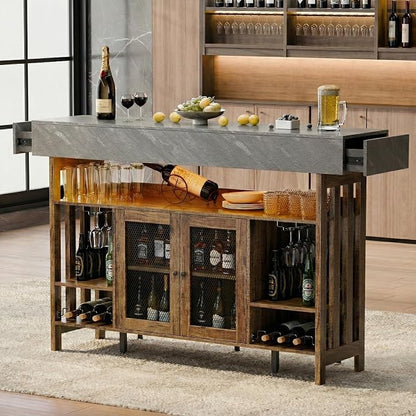 4-Tier Home Bar Unit, 63-Inch Wooden & Dark Gray Marble Bar Cabinet, LED Liquor by Gyfimoie