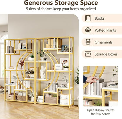 LGHM 79" W Luxury Marble-Patterned White Gold Bookshelf, Modern Geometric - Image 3