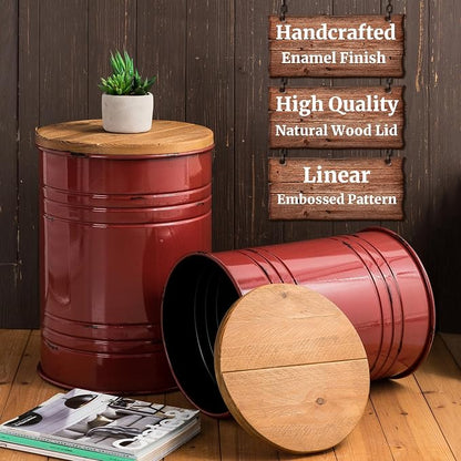 Glitzhome Rustic End Table Set of 2, Farmhouse Galvanized Metal Barrel Ottoman - Image 5