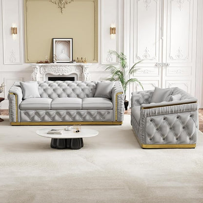 2 Piece Velvet Chesterfield Sofa Luxury Tufted Sofa Black and Gold Couch Set - Image 6
