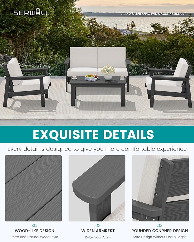 SERWALL HDPE Patio Furniture Set, 5 Piece All Weather Wood-Like Sectional - Image 6