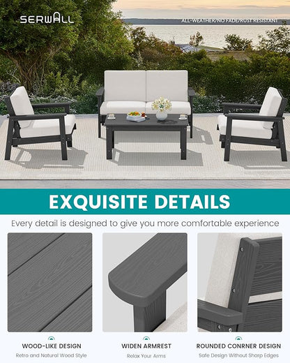 SERWALL HDPE Patio Furniture Set, 5 Piece All Weather Wood-Like Sectional - Image 6