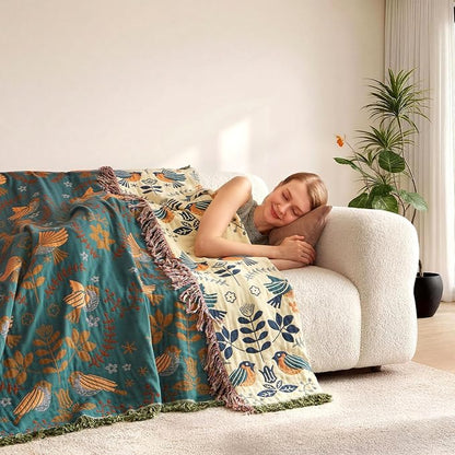 LUTBM Boho Throw Blanket for Couch 100% Cotton Soft Birds and Floral Double - Image 9