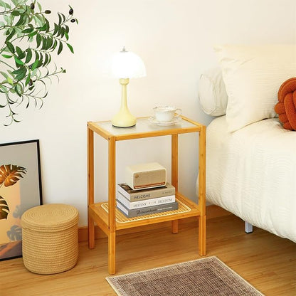 2-Tier Bamboo Side Table, Modern Glasstop Rattan Side Table, Mid Century Wood - Image 7