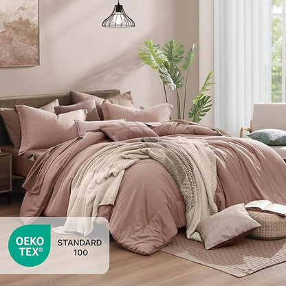 Monbix King Size Comforter Set, 7 Pieces Dusty Pink Cationic Dyeing Bed in a - Image 2