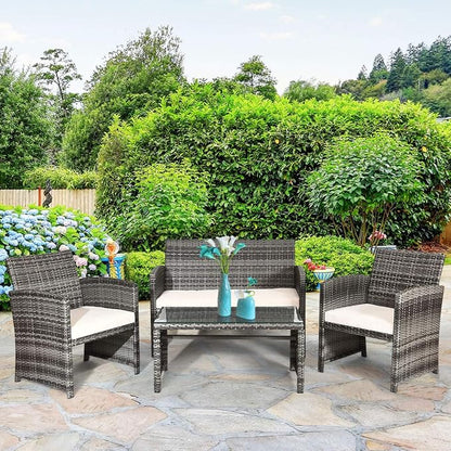 Tangkula 4 PCS Wicker Patio Conversation Set, Outdoor Rattan Sofas - Image 3