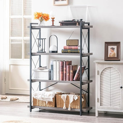 HCHQHS Bookshelf, 4-Tier Industrial Bookcase, Rustic Open Book Shelf, - Image 2