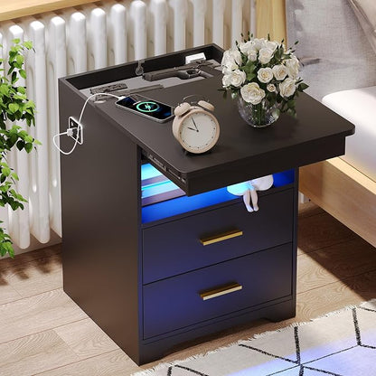 Night Stand with Gun Drawer, Charging Bedside Table with USB & Type-C Port by FREDEES