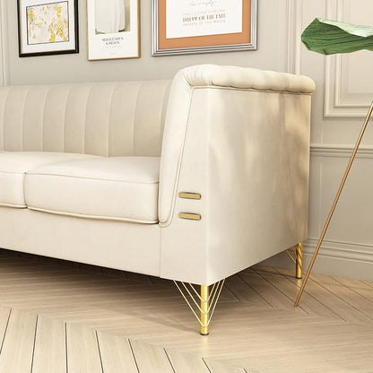 83.46" W Beige Velvet Sofa Couch - Image 9