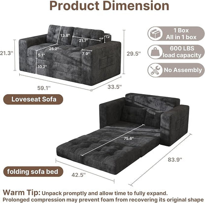 Gizoon Boneless Convertible Floor Sofa Bed, Corduroy 2 Seater Lounge Sleeper - Image 2